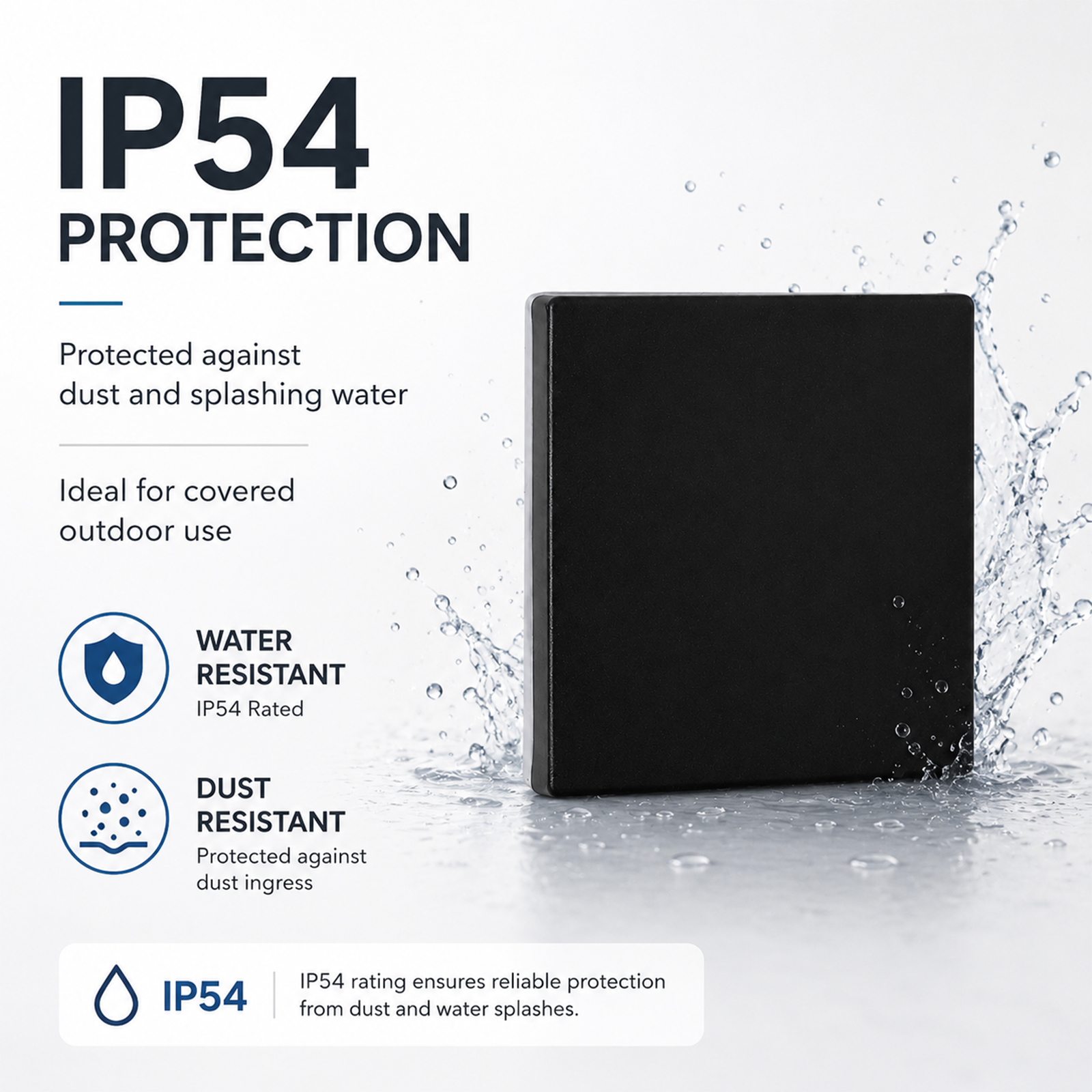 Objeto negro con salpicaduras de agua e icono de protección IP54.