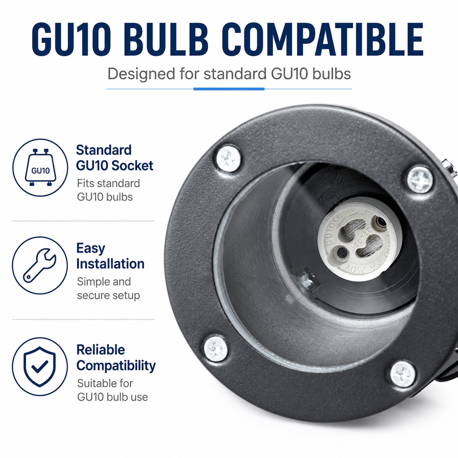 Casquillo GU10 para bombillas GU10 estándar, fácil instalación, compatibilidad fiable.