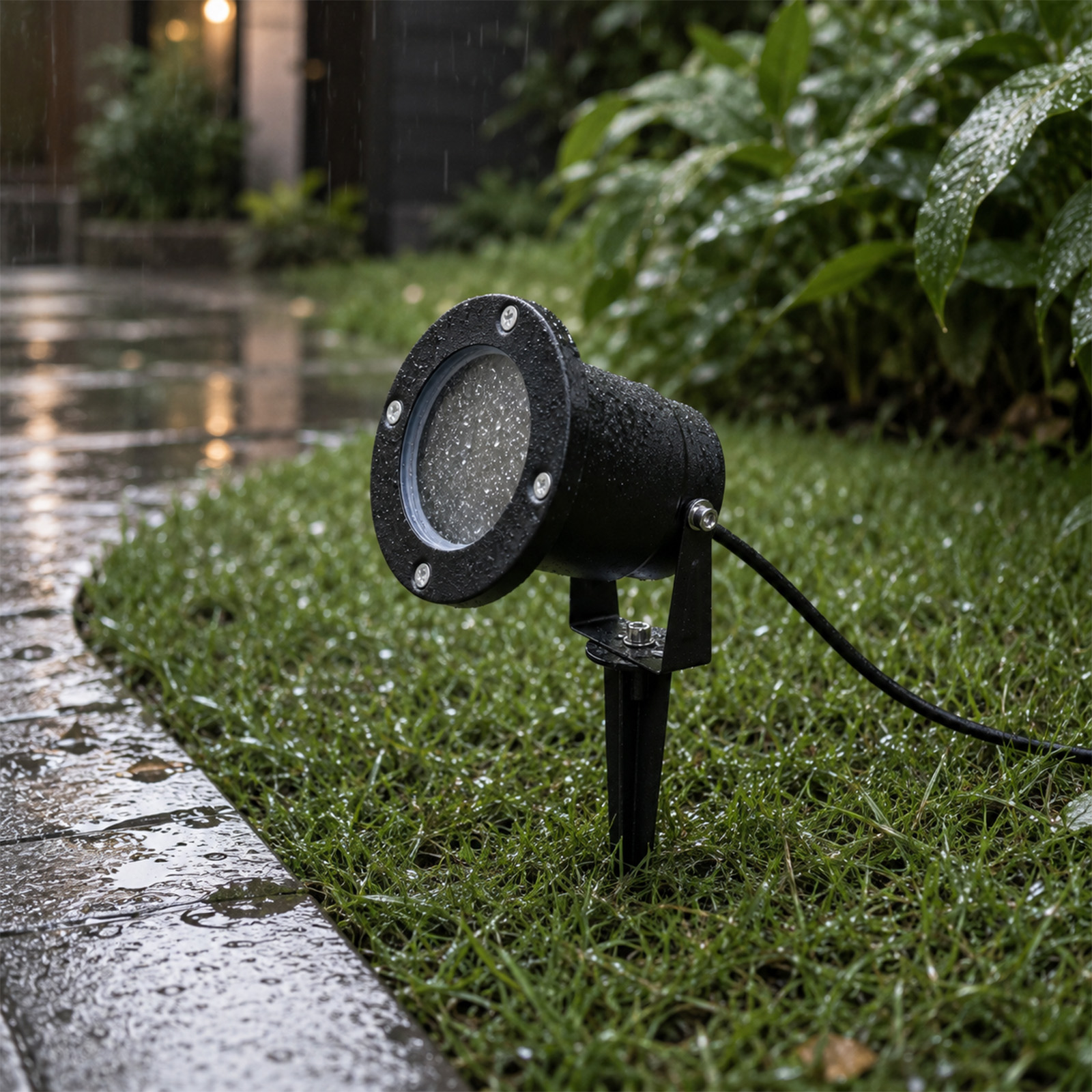 Un foco exterior negro está en la hierba bajo la lluvia, junto a un camino mojado.