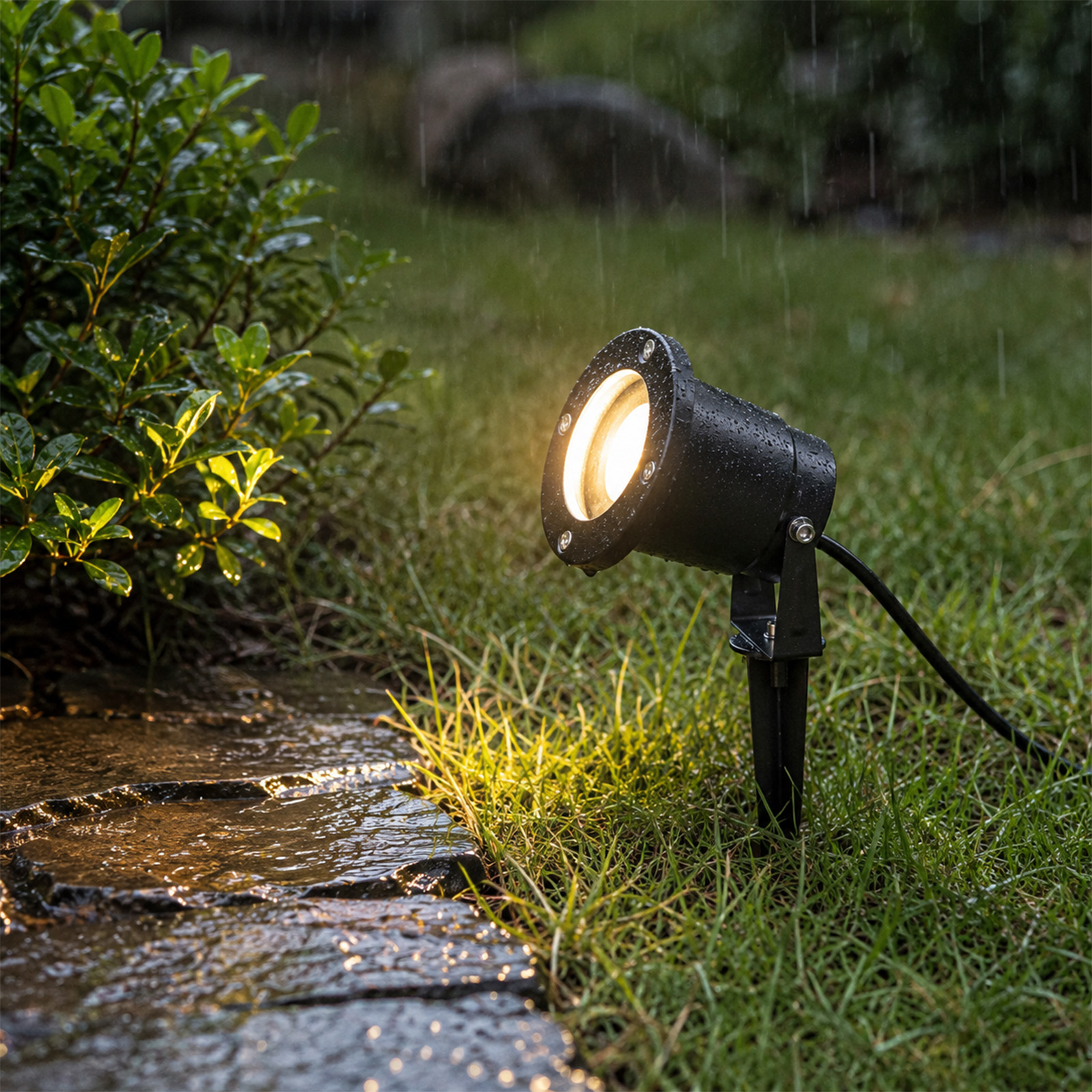Un foco de jardín iluminado bajo la lluvia en un sendero de piedra.