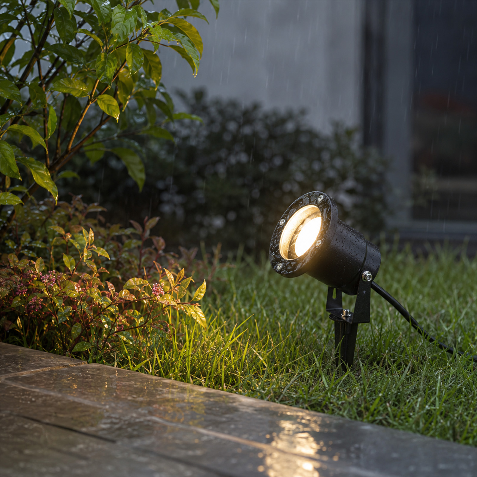 Un foco de jardín iluminado bajo la lluvia junto a plantas sobre hierba mojada.