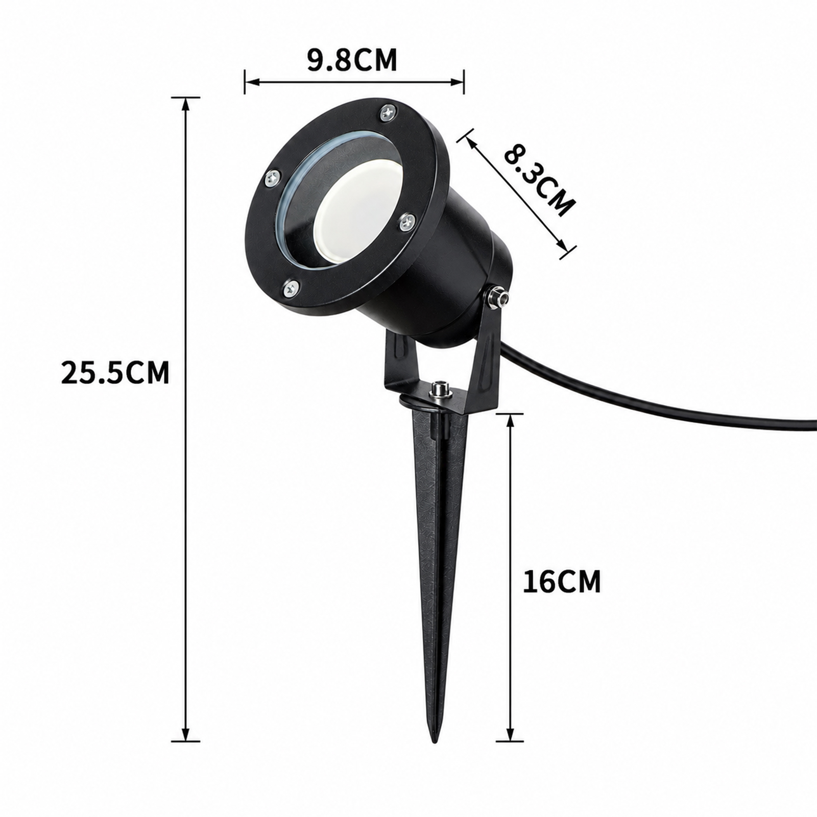 Foco de jardín negro con pica. Dimensiones: 25,5cm alto, 9,8cm ancho.