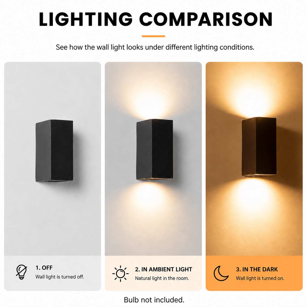 Comparación de apliques de pared: apagado, con luz ambiental y en la oscuridad.