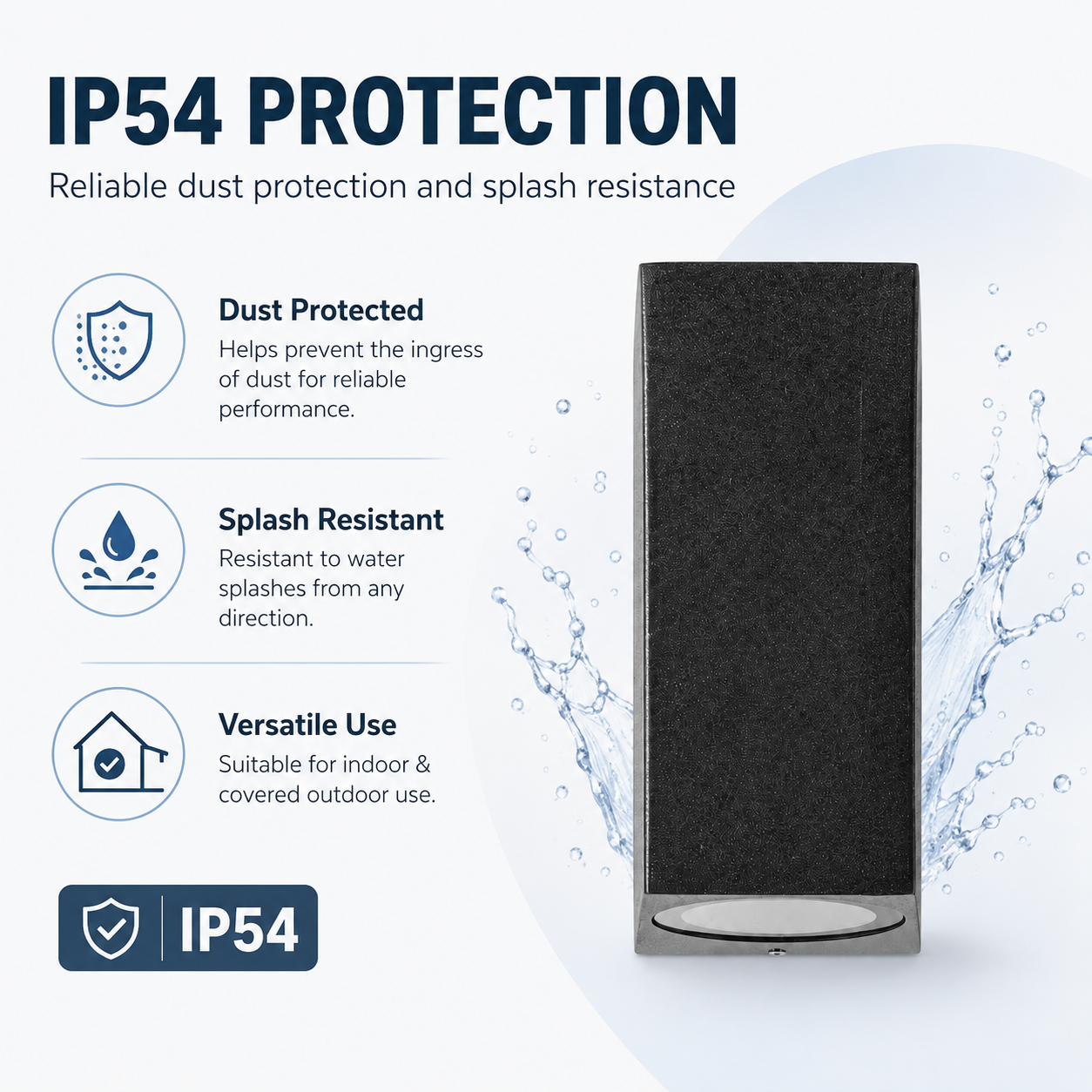 Protección IP54: protección contra polvo, resistencia a salpicaduras, uso versátil. Dispositivo negro.