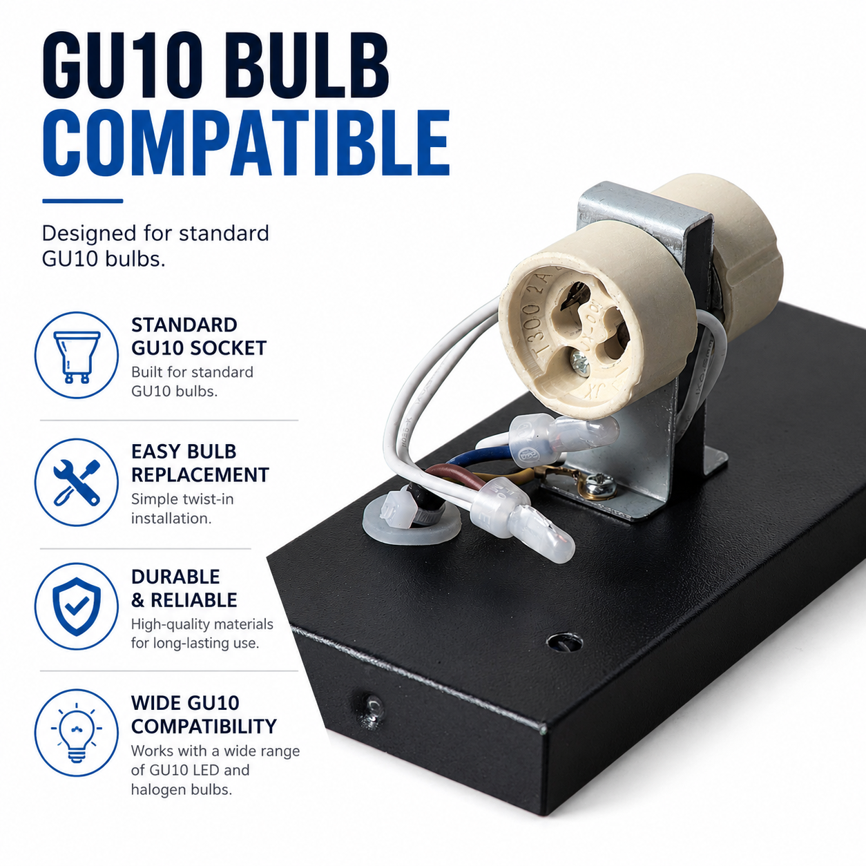 Casquillo bombilla GU10 con cables y texto resaltando compatibilidad.