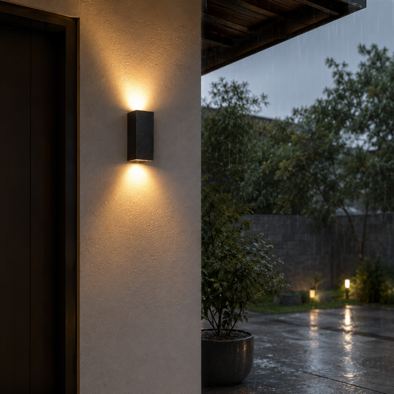 Una lámpara de pared ilumina una pared al aire libre bajo la lluvia.