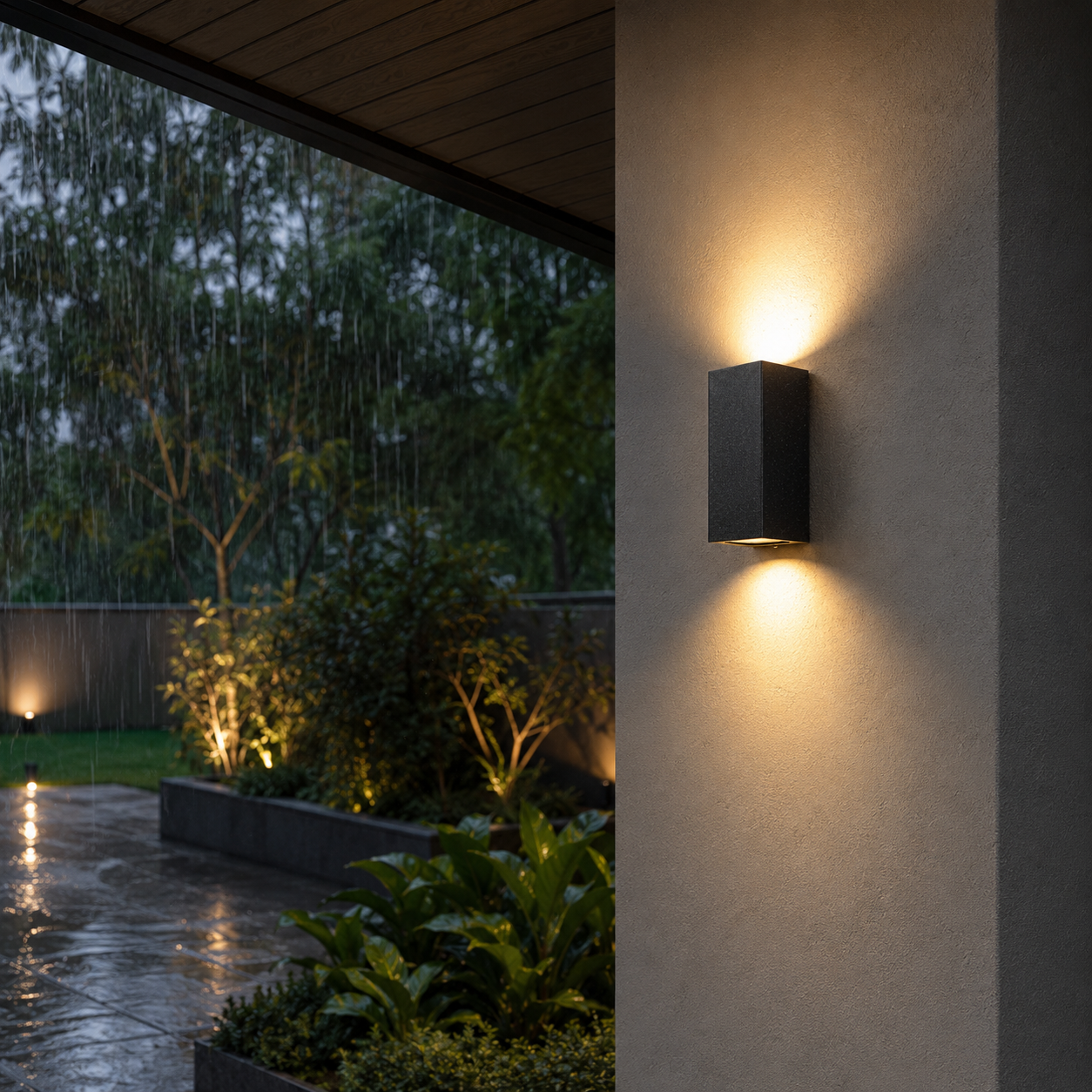 La lluvia cae en un jardín iluminado con apliques en la pared exterior de una casa.