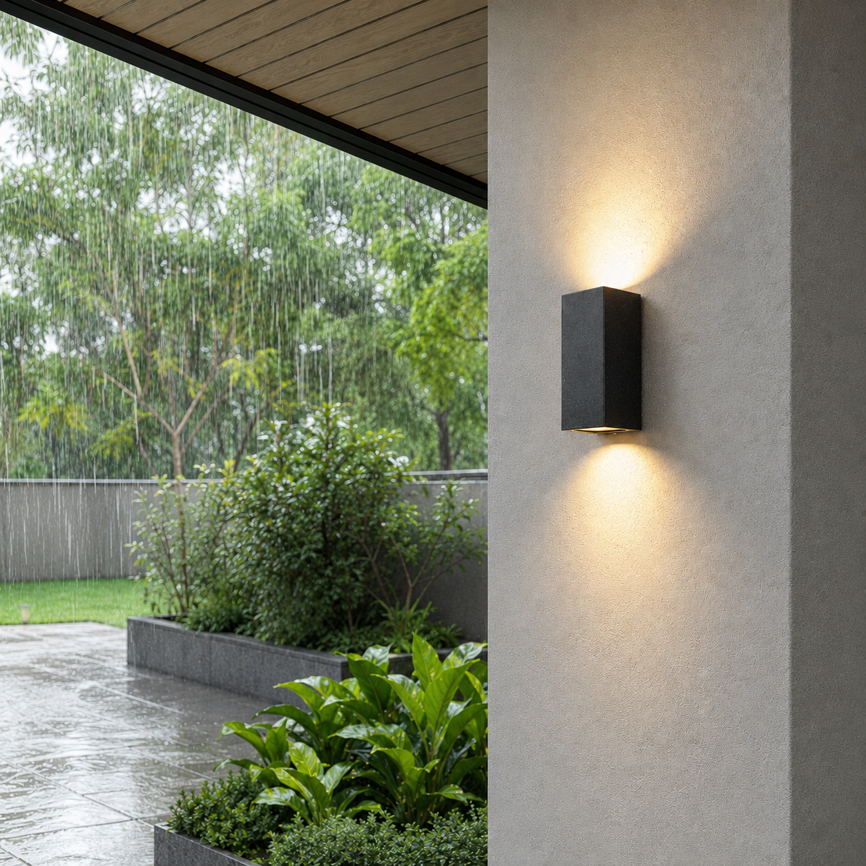 Una moderna lámpara de pared exterior ilumina un patio ajardinado lluvioso con exuberante vegetación.