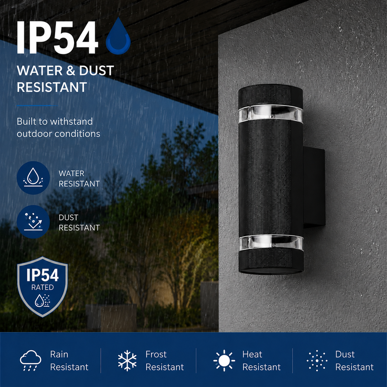 Luz de pared negra con clasificación IP54, resistente al agua y al polvo, para exteriores.