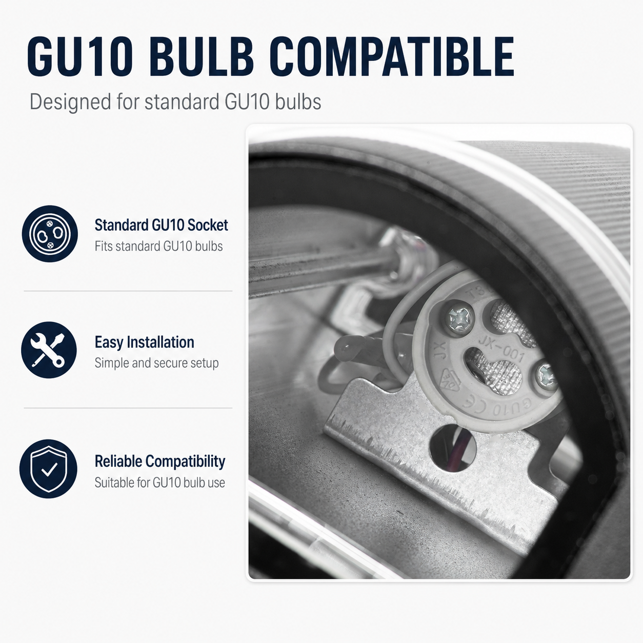 Primer plano de un portalámparas GU10 con tornillos y cables, texto sobre compatibilidad.