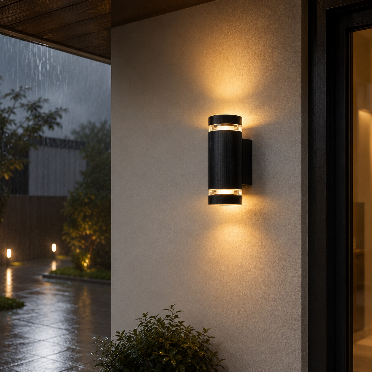 Lámpara de pared negra moderna ilumina pared blanca bajo la lluvia.