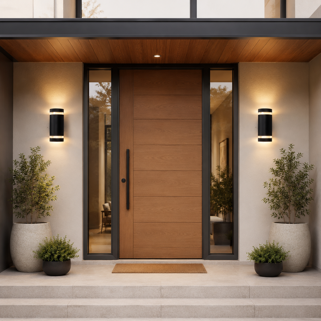 Puerta moderna de madera con manija negra, flanqueada por plantas y luces.