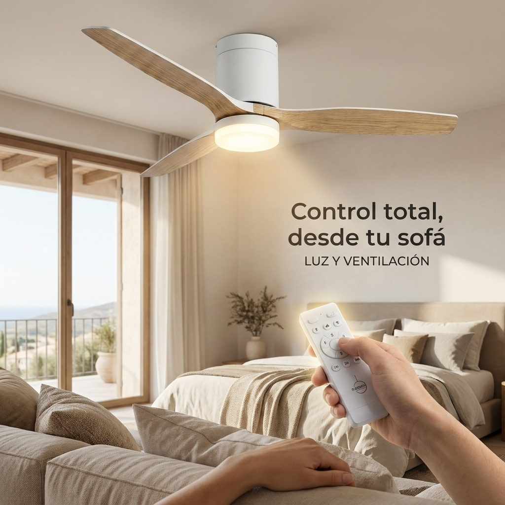 Una luz de ventilador de techo blanca con aspas de madera es controlada por una mano con mando.
