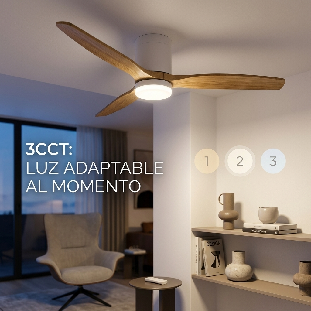 Ventilador de techo con aspas de madera y luz integrada, estantes con decoración.