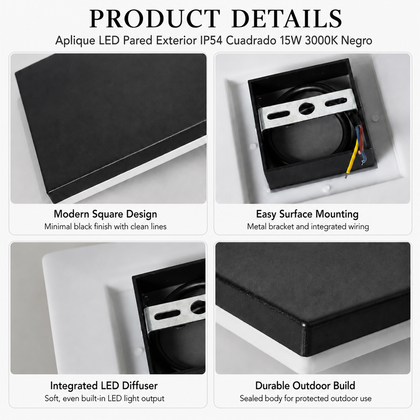 Detalles del producto: Lámpara LED exterior cuadrada negra con características de montaje y diseño.