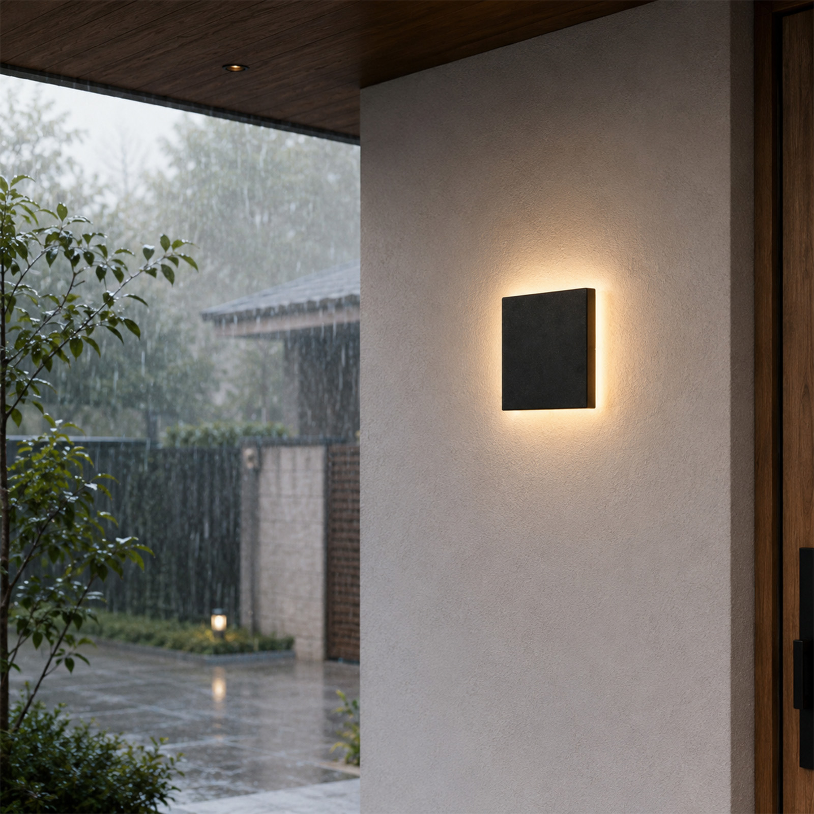 Una luz de pared negra ilumina una pared gris durante la lluvia.