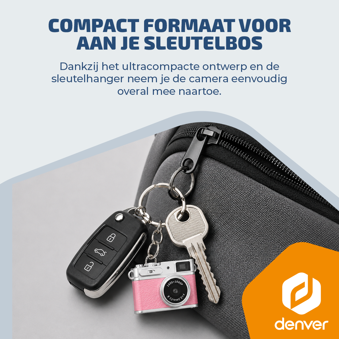 Een sleutelhanger met autosleutel, zilveren sleutel en kleine roze camera.