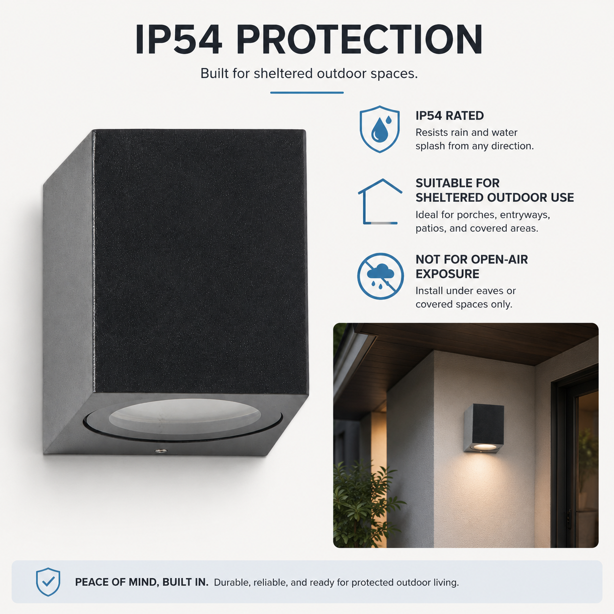 Lámpara exterior negra de pared, IP54, para espacios protegidos.