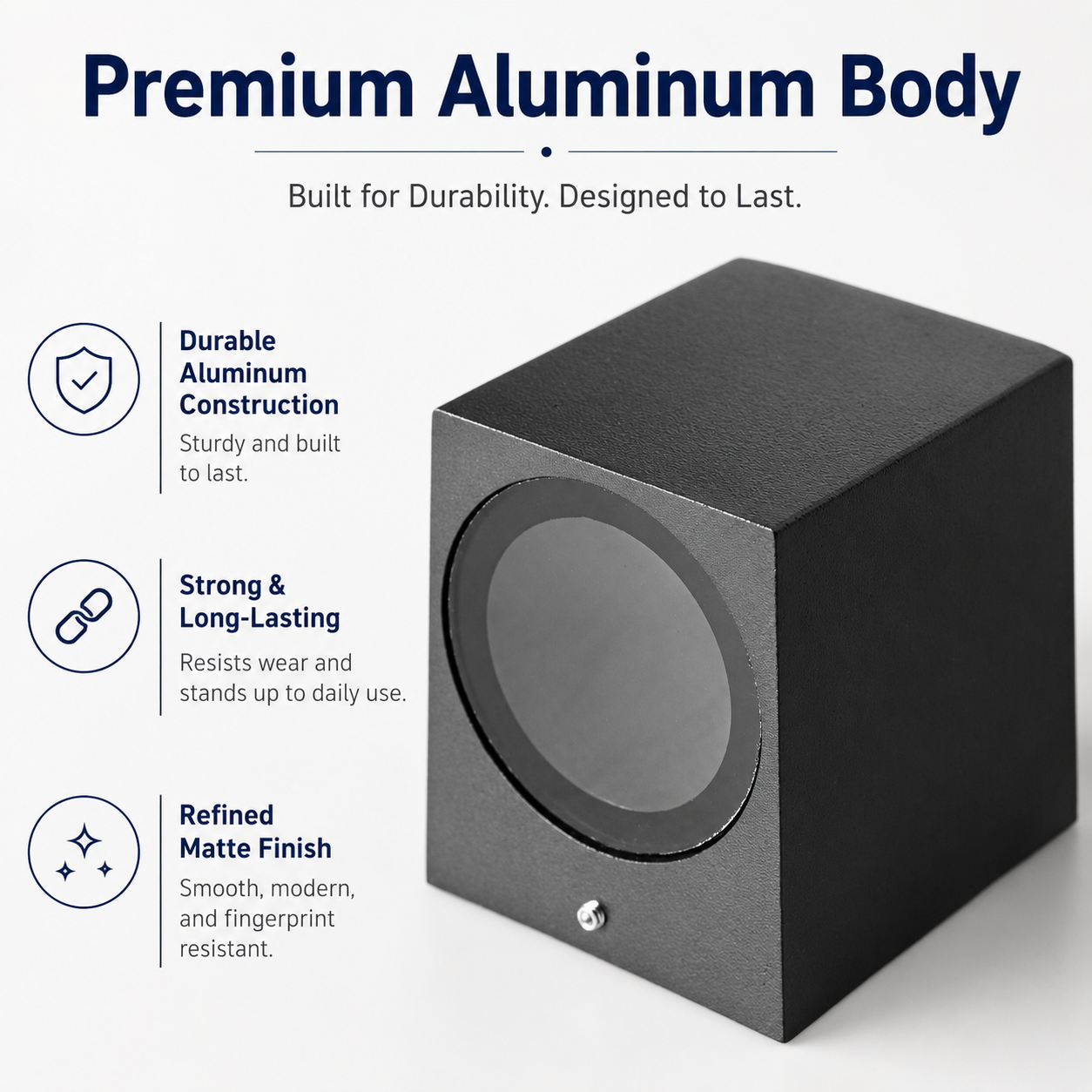 Cubo de aluminio negro con frente de vidrio, enfatizando durabilidad.
