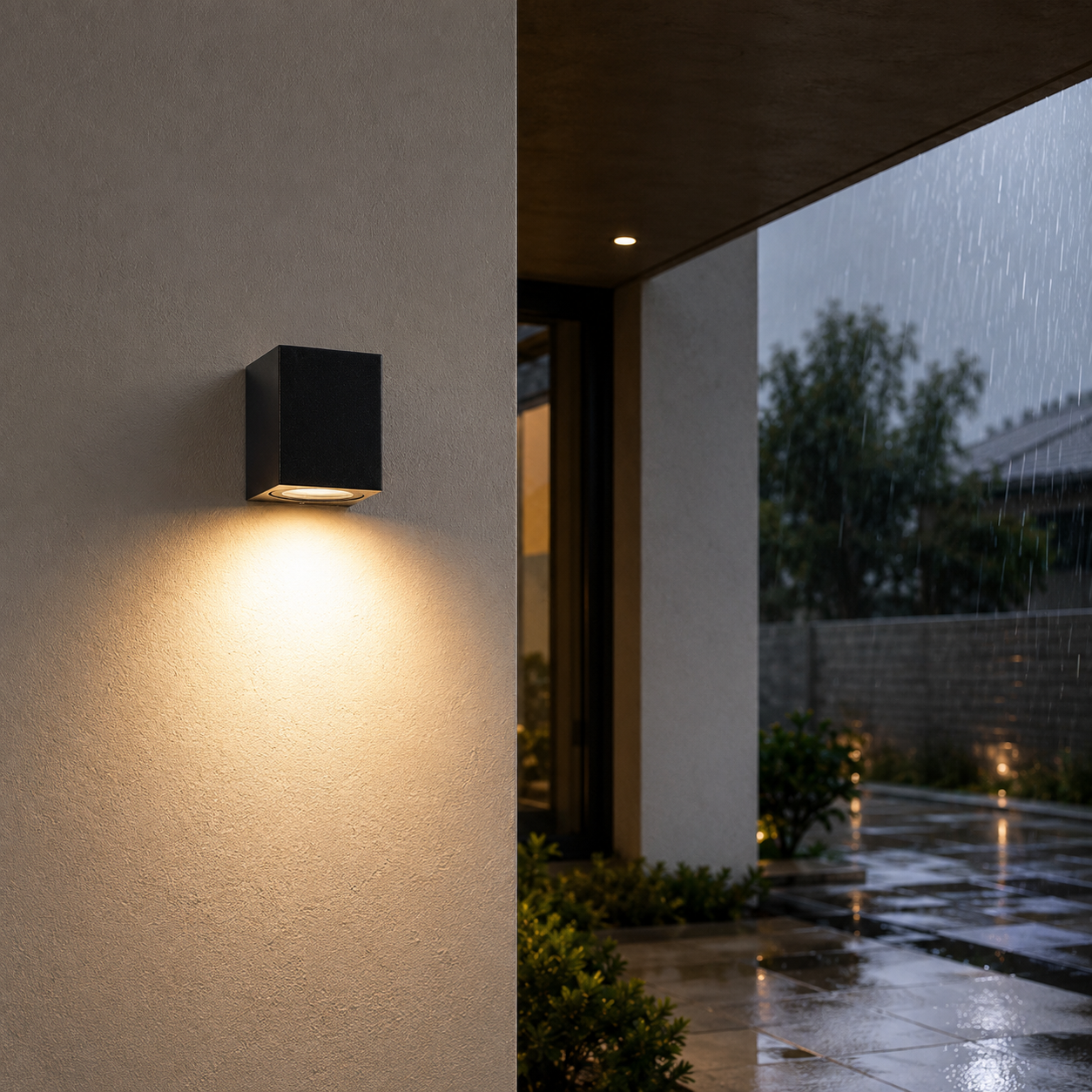 Una lámpara de pared exterior negra ilumina una pared bajo la lluvia.