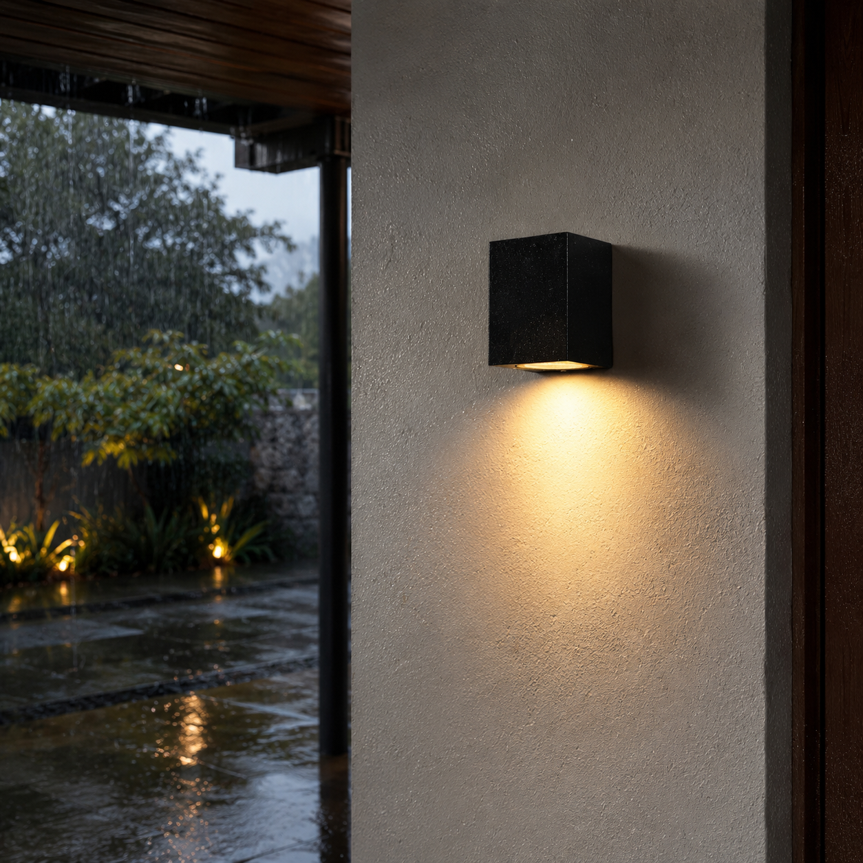 Aplique exterior negro en pared texturizada, ilumina patio mojado con lluvia.