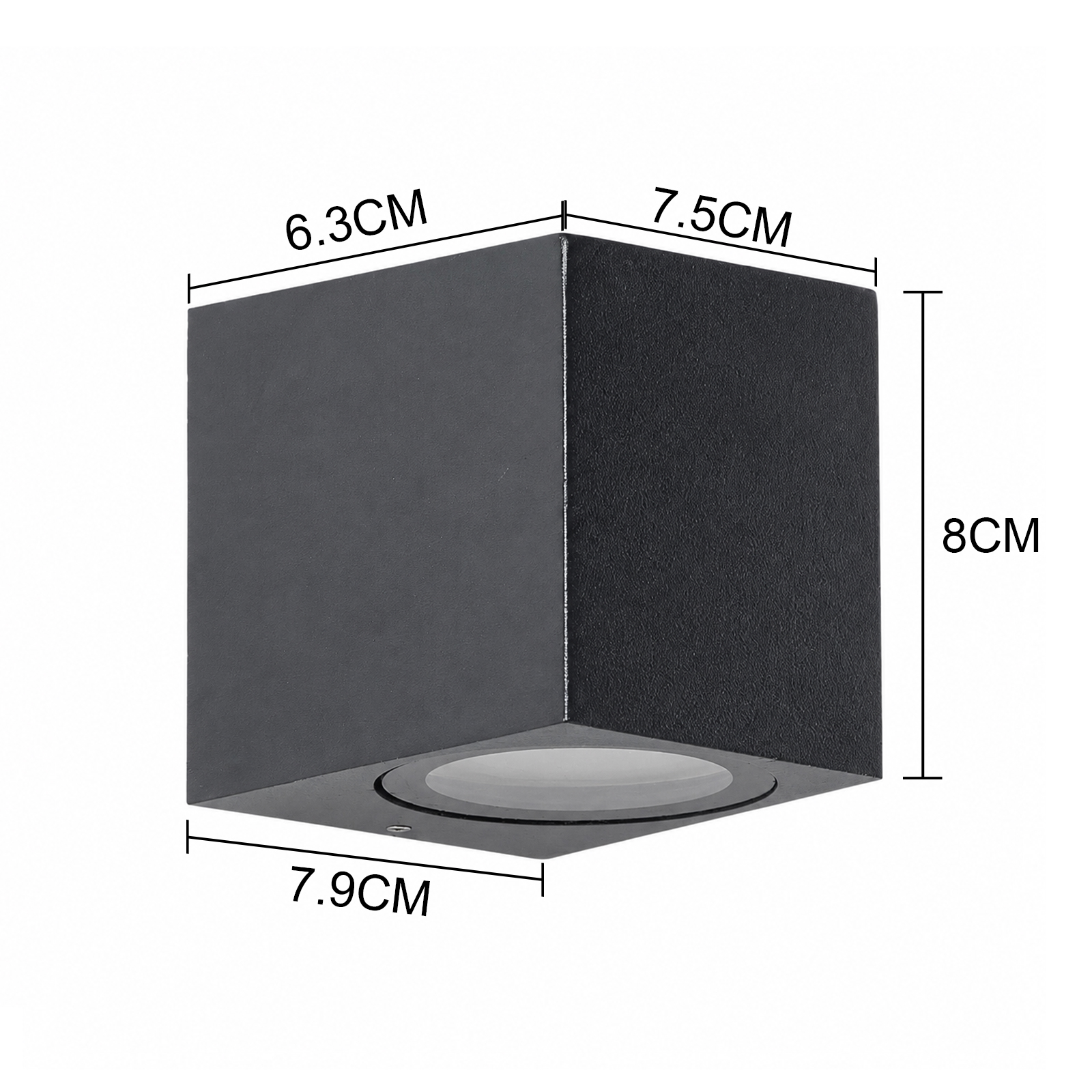 Lámpara cúbica negra con dimensiones de 6,3 cm, 7,5 cm y 8 cm.