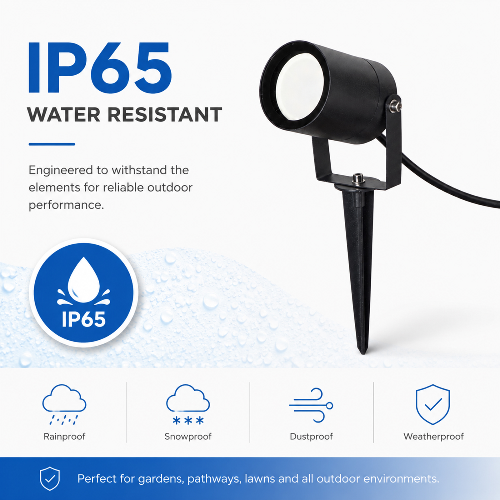 Foco exterior negro con resistencia al agua IP65 y base de espiga.