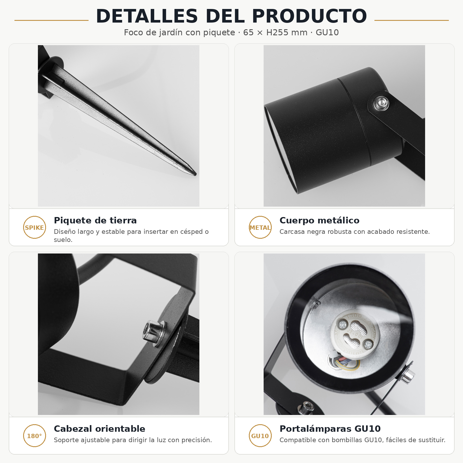 Detalles del producto: Foco de jardín con pica, cuerpo metálico, cabezal orientable.