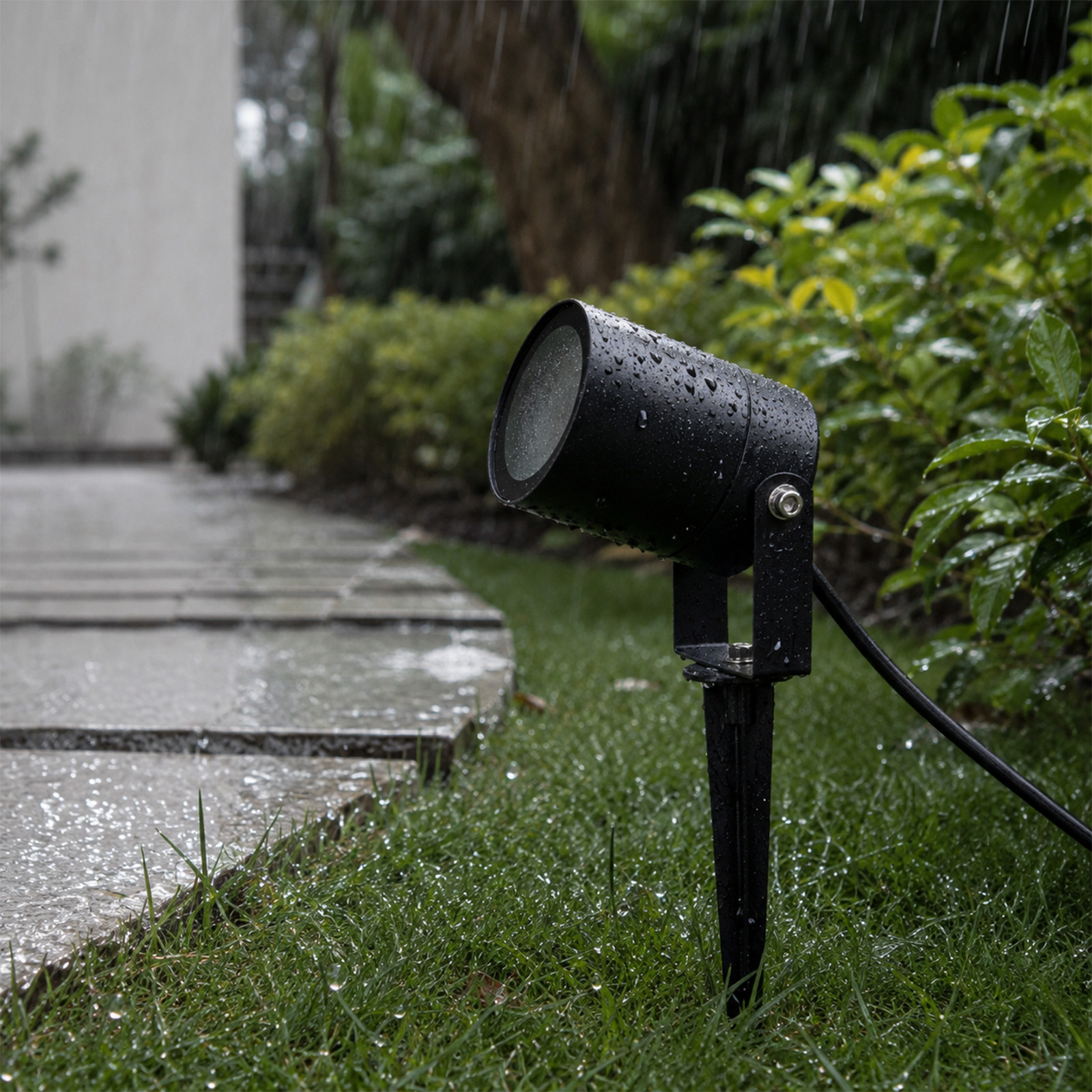 Un foco exterior negro se encuentra bajo la lluvia en un césped junto a un camino.