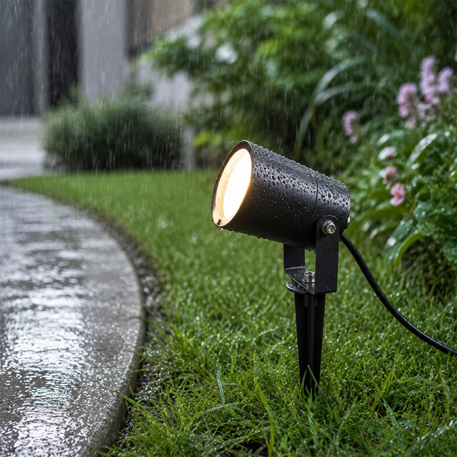 Un foco exterior negro ilumina hierba mojada bajo la lluvia, junto a un camino.