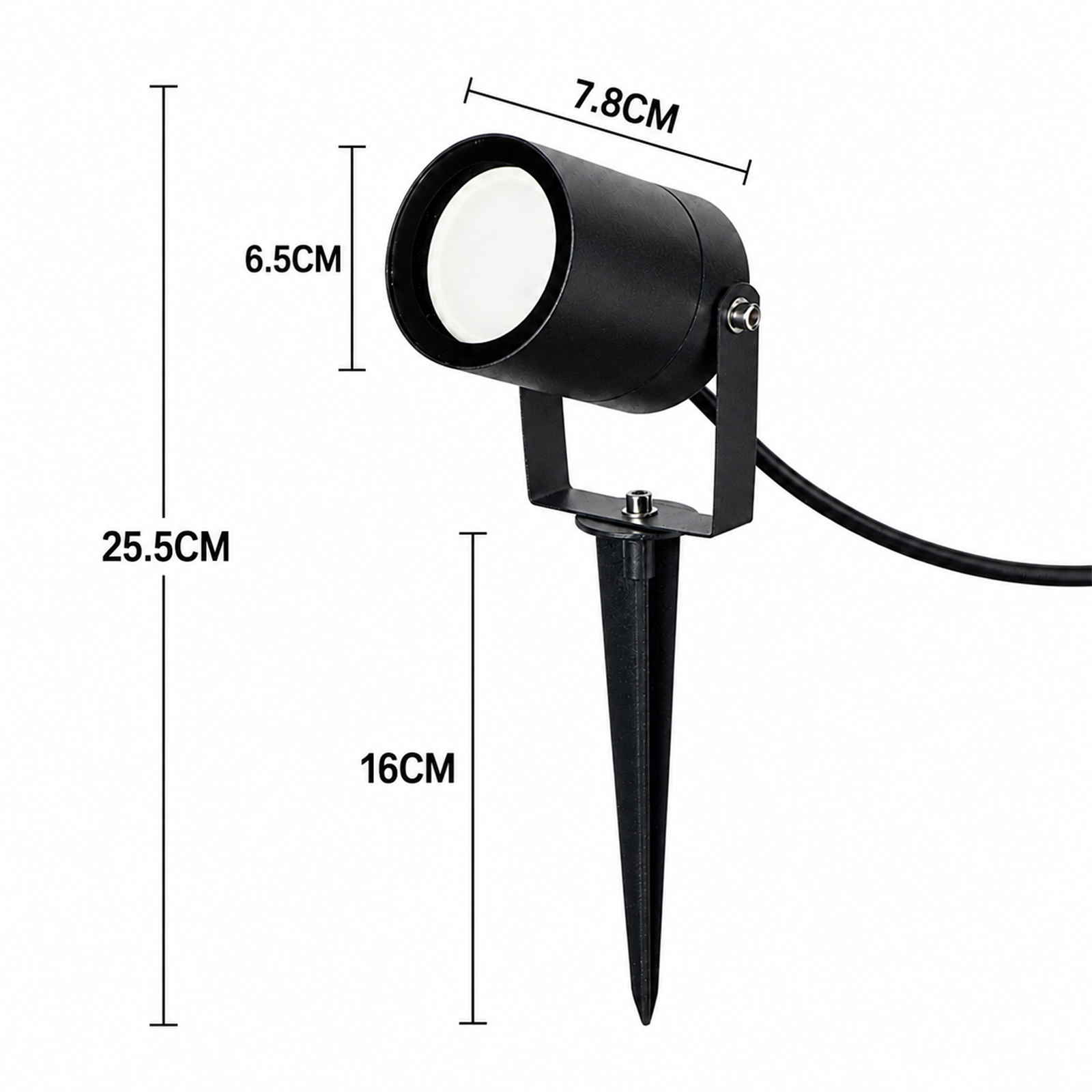 Foco negro para jardín con pica. Dimensiones: 6.5cm, 7.8cm, 16cm, 25.5cm.