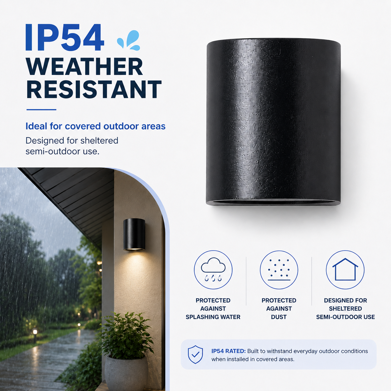 Luz de pared negra IP54 resistente a la intemperie bajo la lluvia. Iconos de protección.