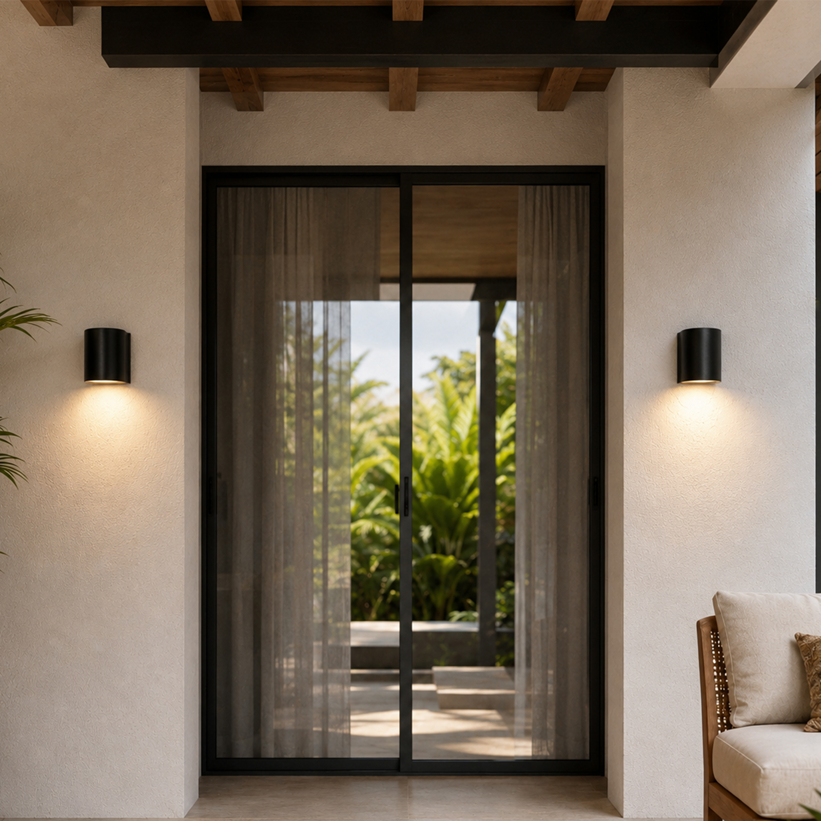 Apliques de pared negros iluminan una pared blanca junto a una puerta de cristal con cortinas.