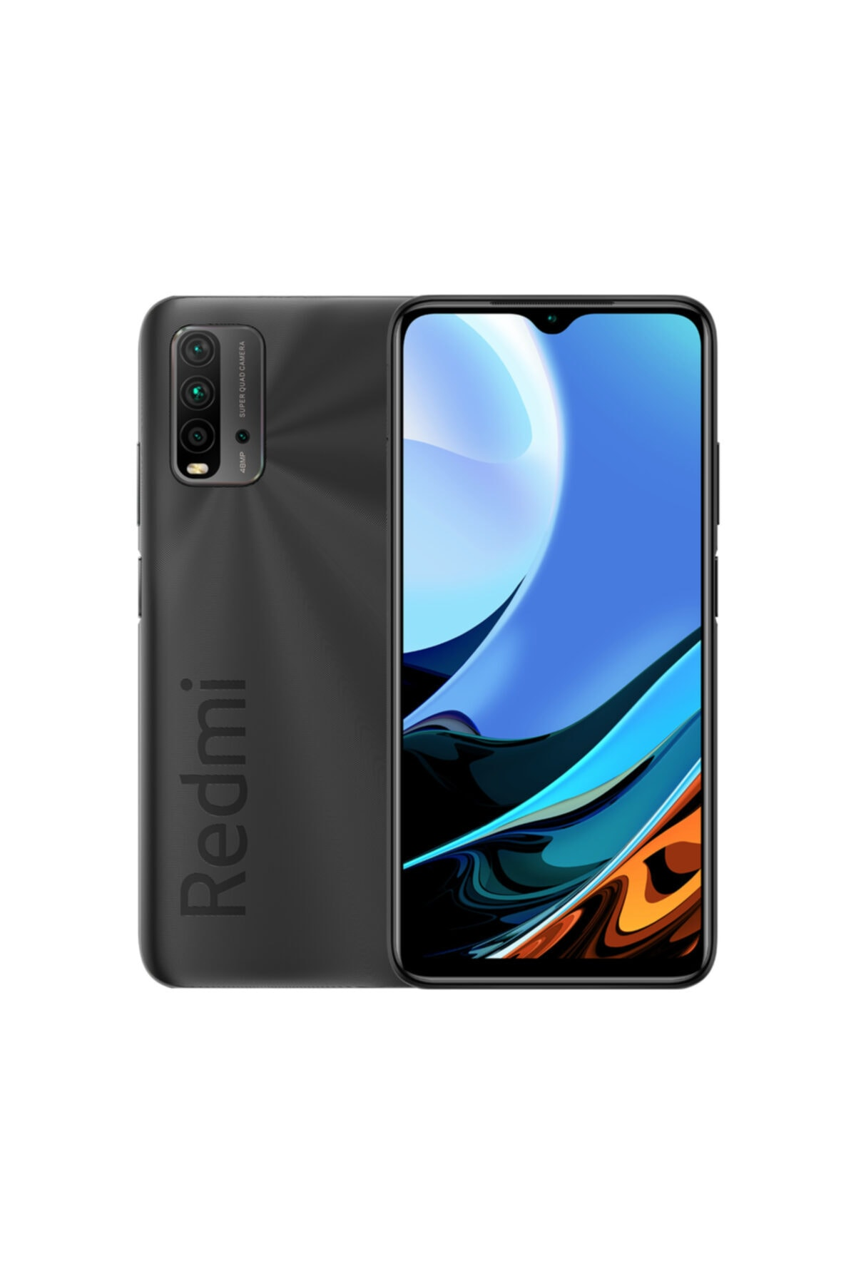 Dörtlü kameraya ve mavi soyut duvar kağıdına sahip siyah bir Redmi akıllı telefon.