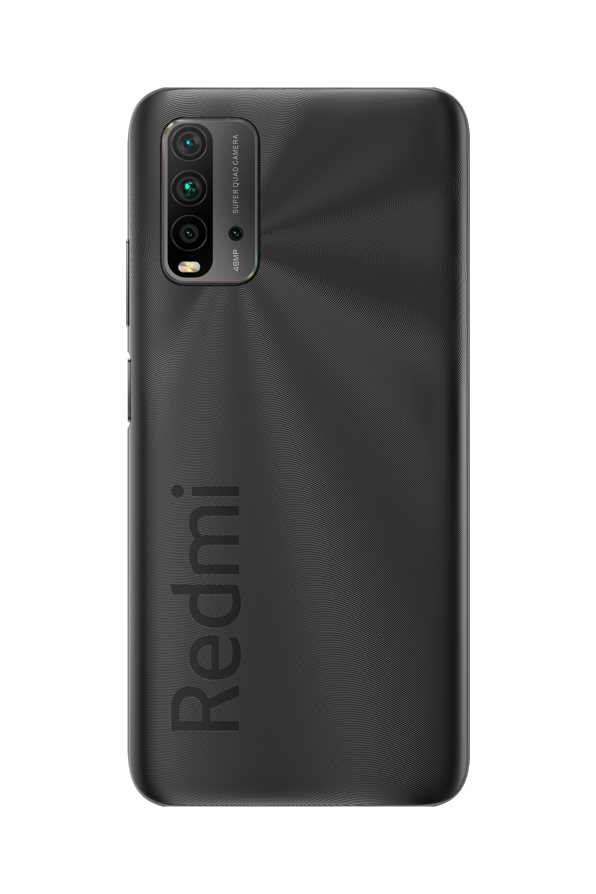 Dörtlü kamera kurulumuna ve Redmi logosuna sahip siyah akıllı telefonun arkası.
