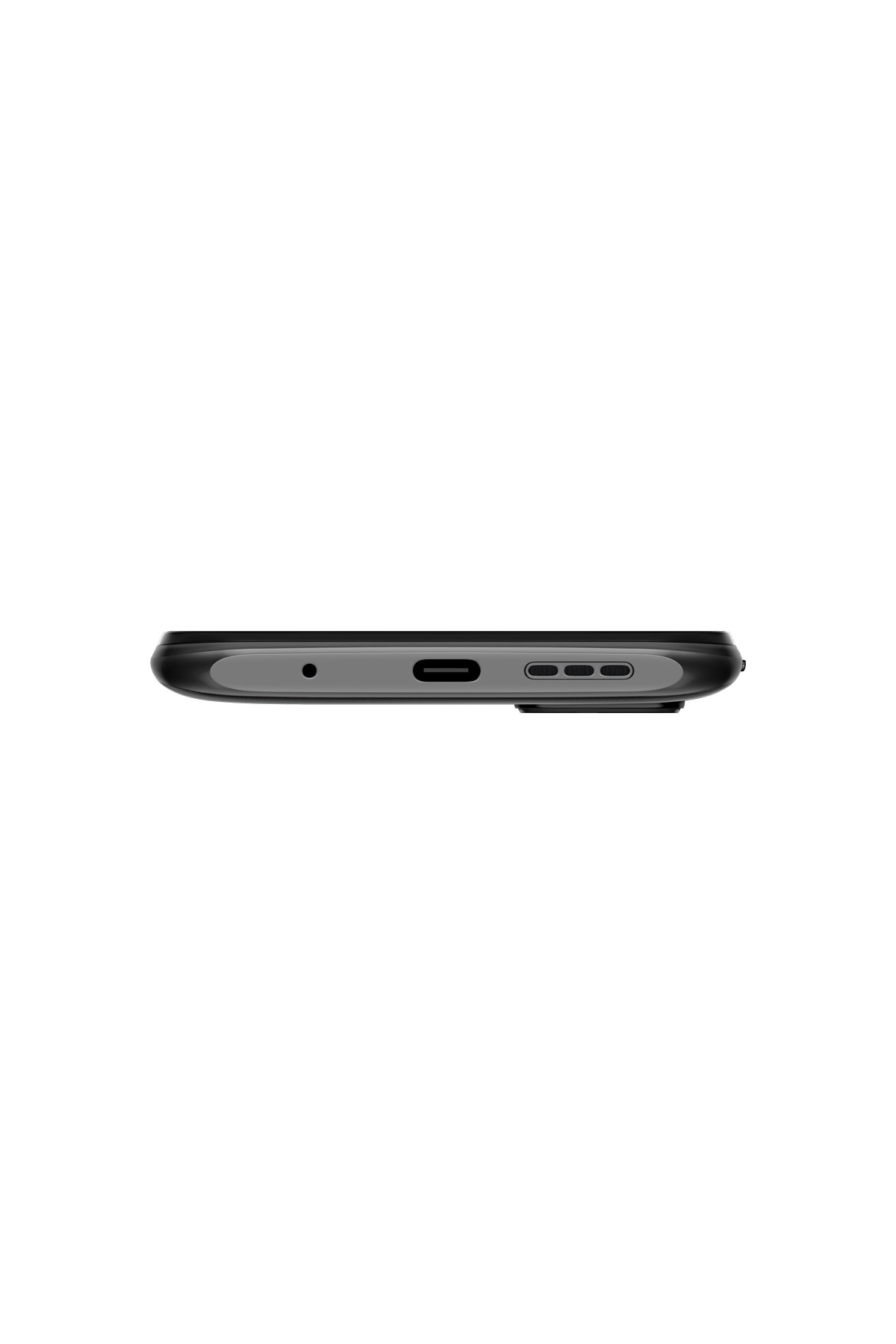 Siyah akıllı telefonun alt kenarının yakın çekimi, USB-C bağlantı noktası ve hoparlör.