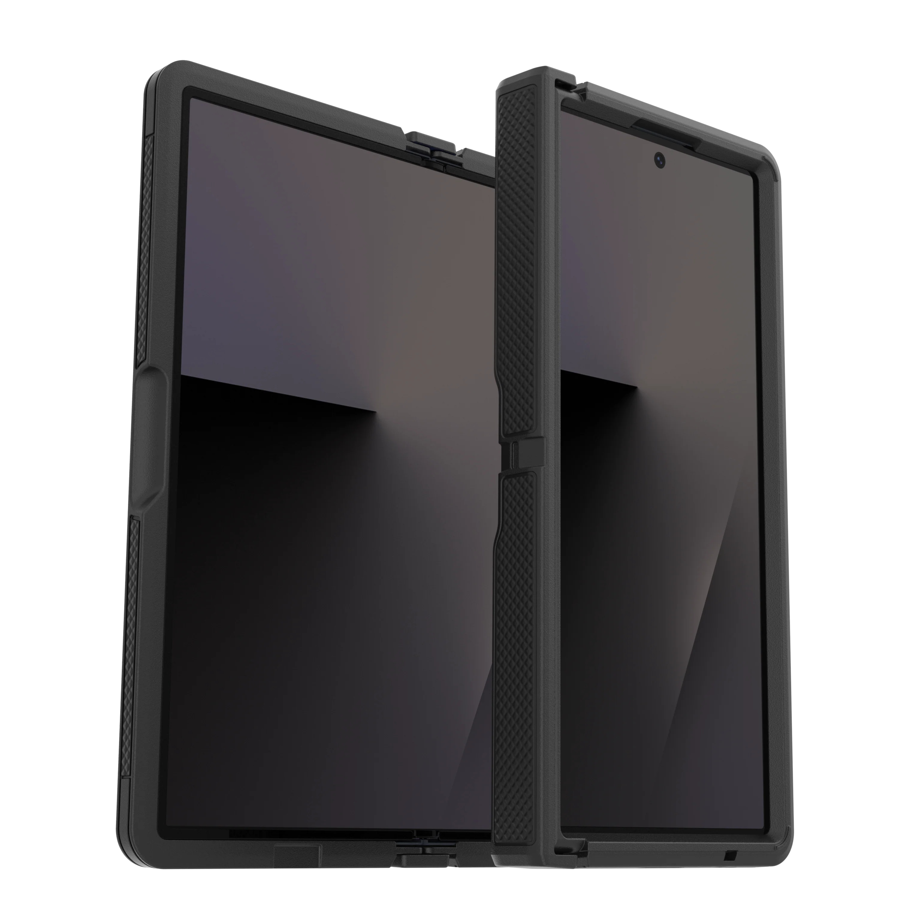 Un téléphone pliable noir dans un étui de protection, sur fond blanc.
