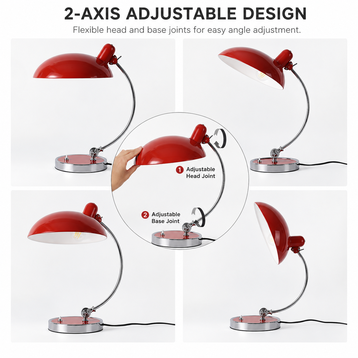 Lámpara de escritorio roja con articulaciones flexibles para ajustar el ángulo.
