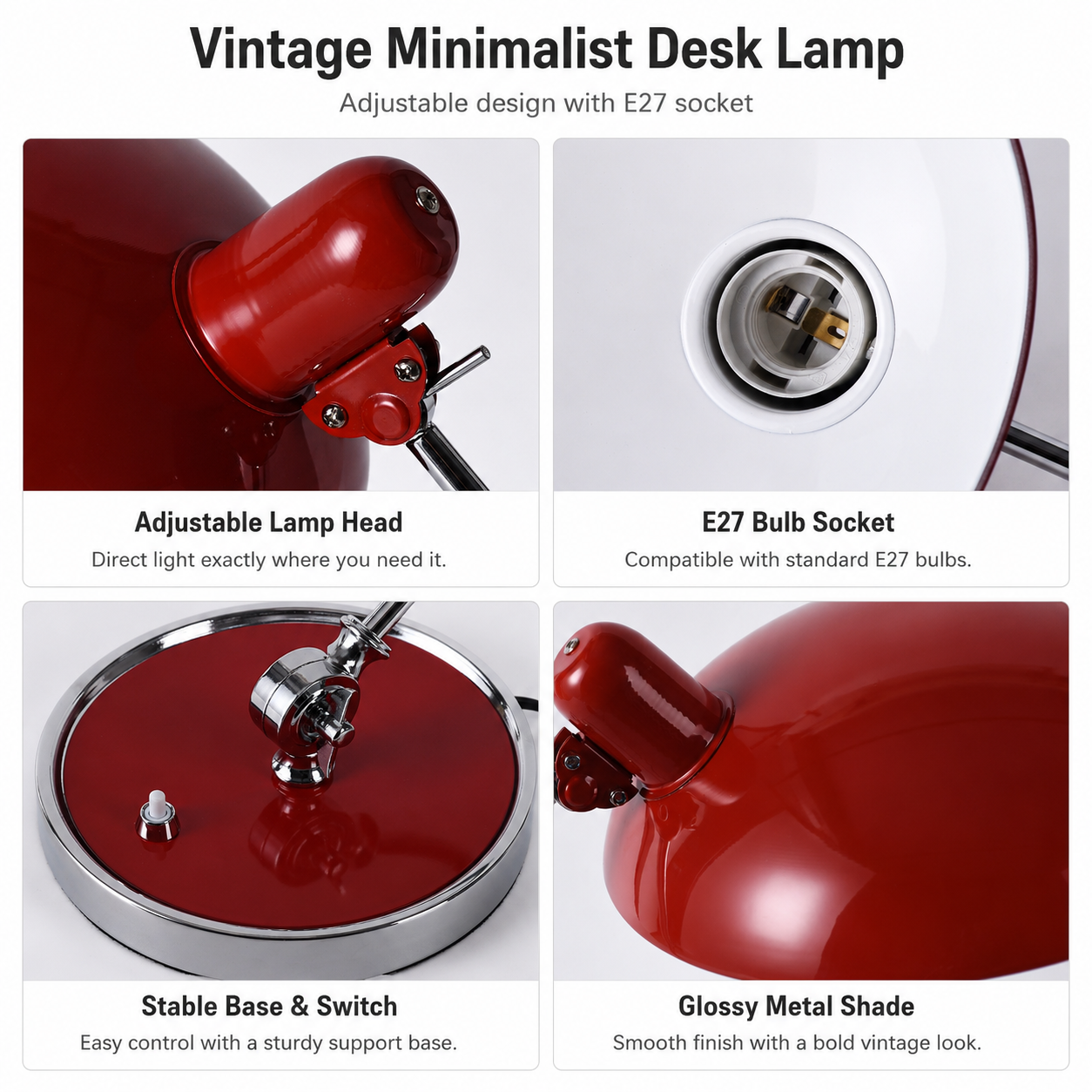 Lámpara de escritorio vintage roja con cabezal, base y interruptor ajustables.