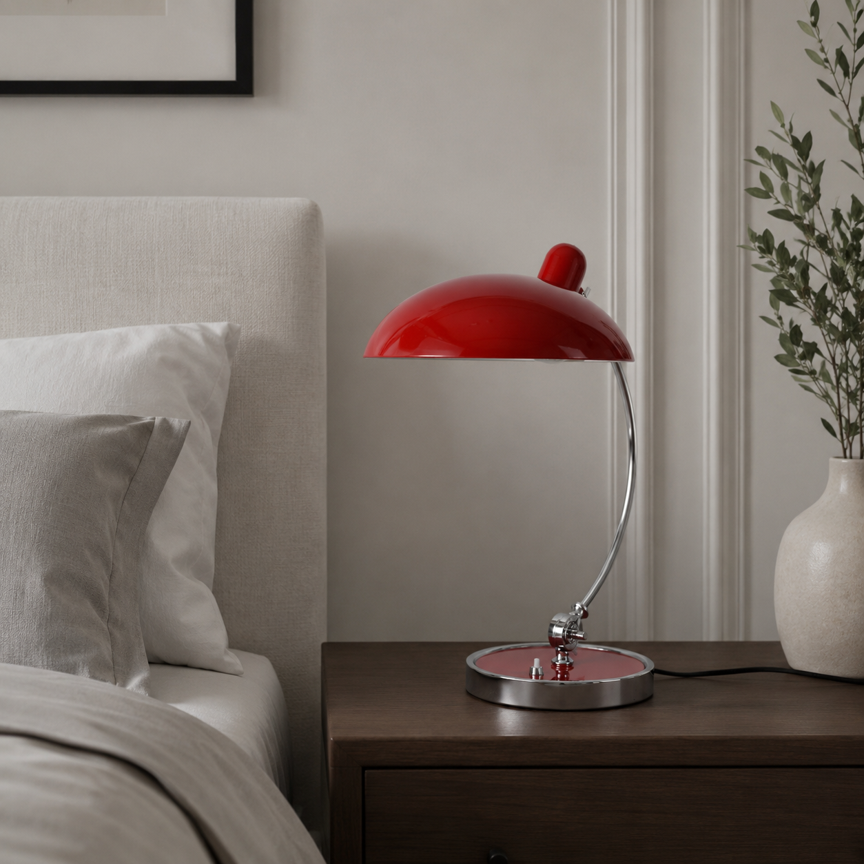Una lámpara de escritorio roja con brazo cromado sobre una mesita de noche junto a una cama.