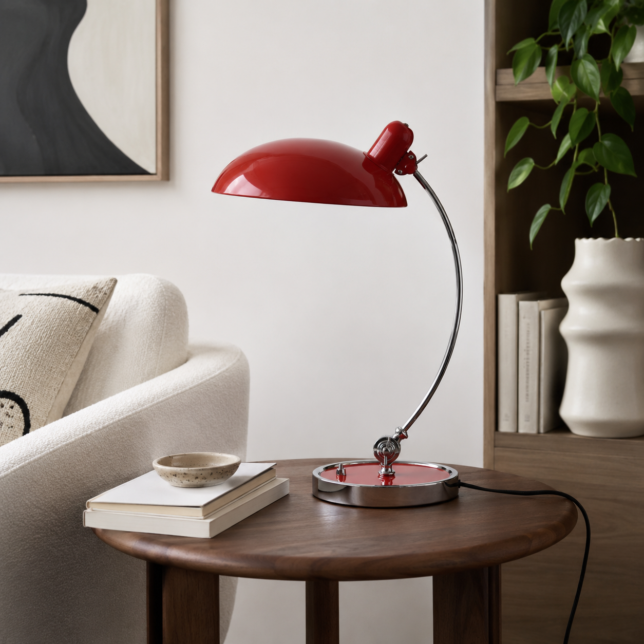 Una lámpara de escritorio roja sobre una mesa de madera junto a un sillón blanco.
