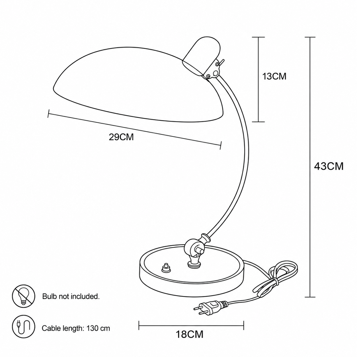 Dibujo técnico de una lámpara de escritorio con dimensiones: 29cm ancho, 13cm alto, 43cm total, 18cm base.