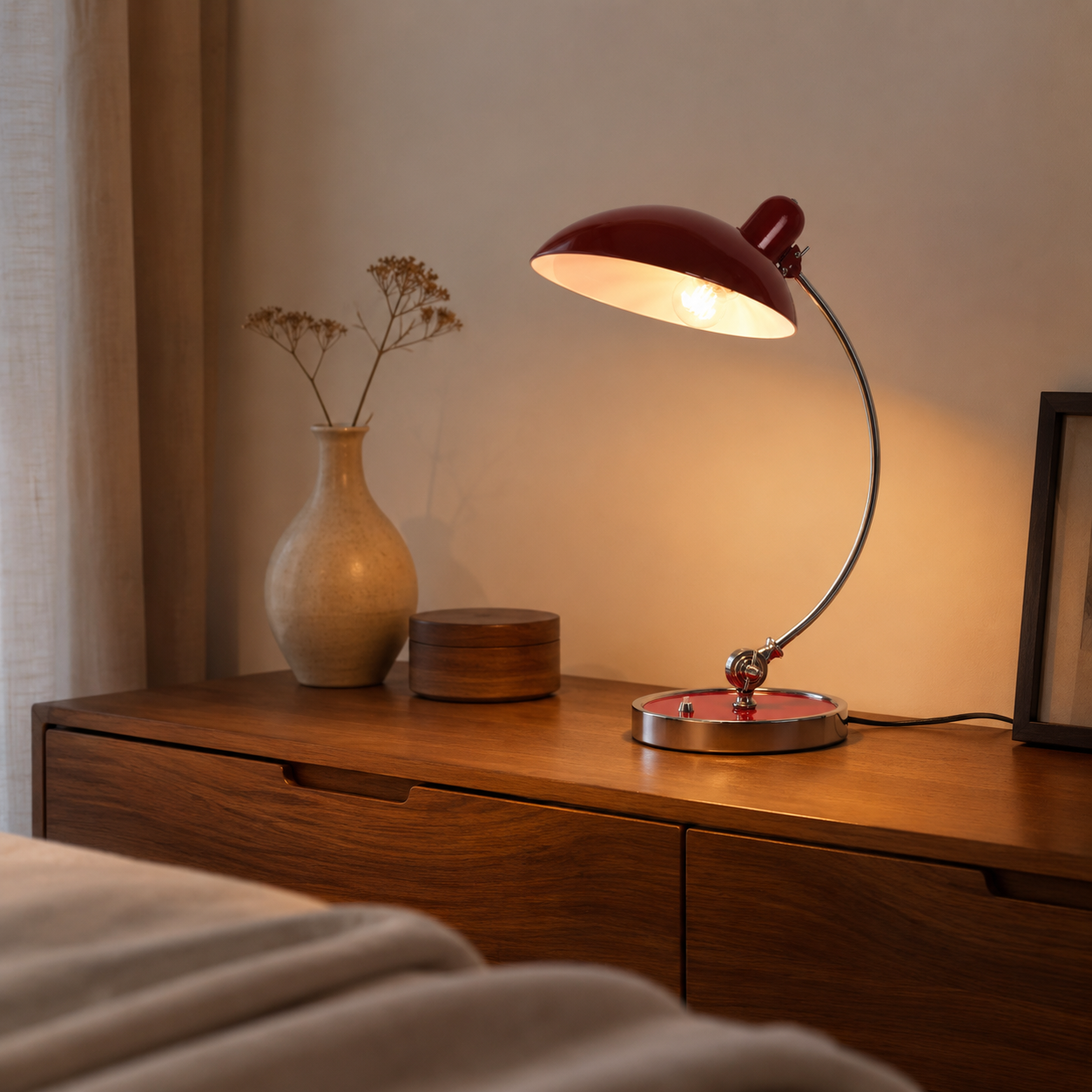 Una lámpara de escritorio roja ilumina una mesa de madera con jarrón y decoración.