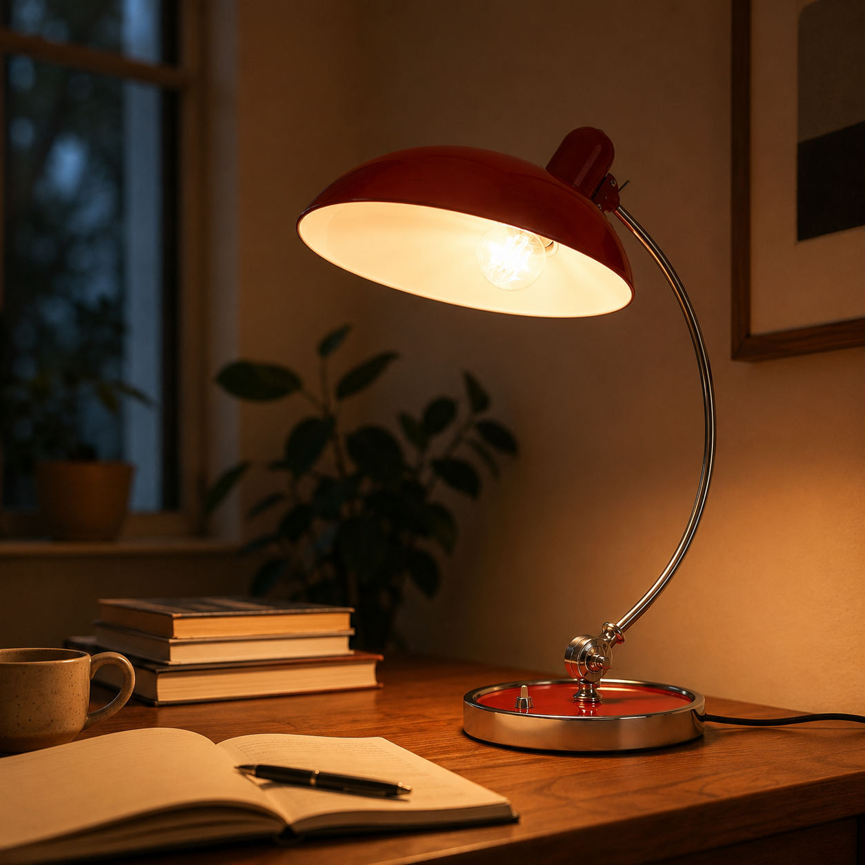 Una lámpara de escritorio roja ilumina un cuaderno, bolígrafo, taza y libros en un escritorio de madera.