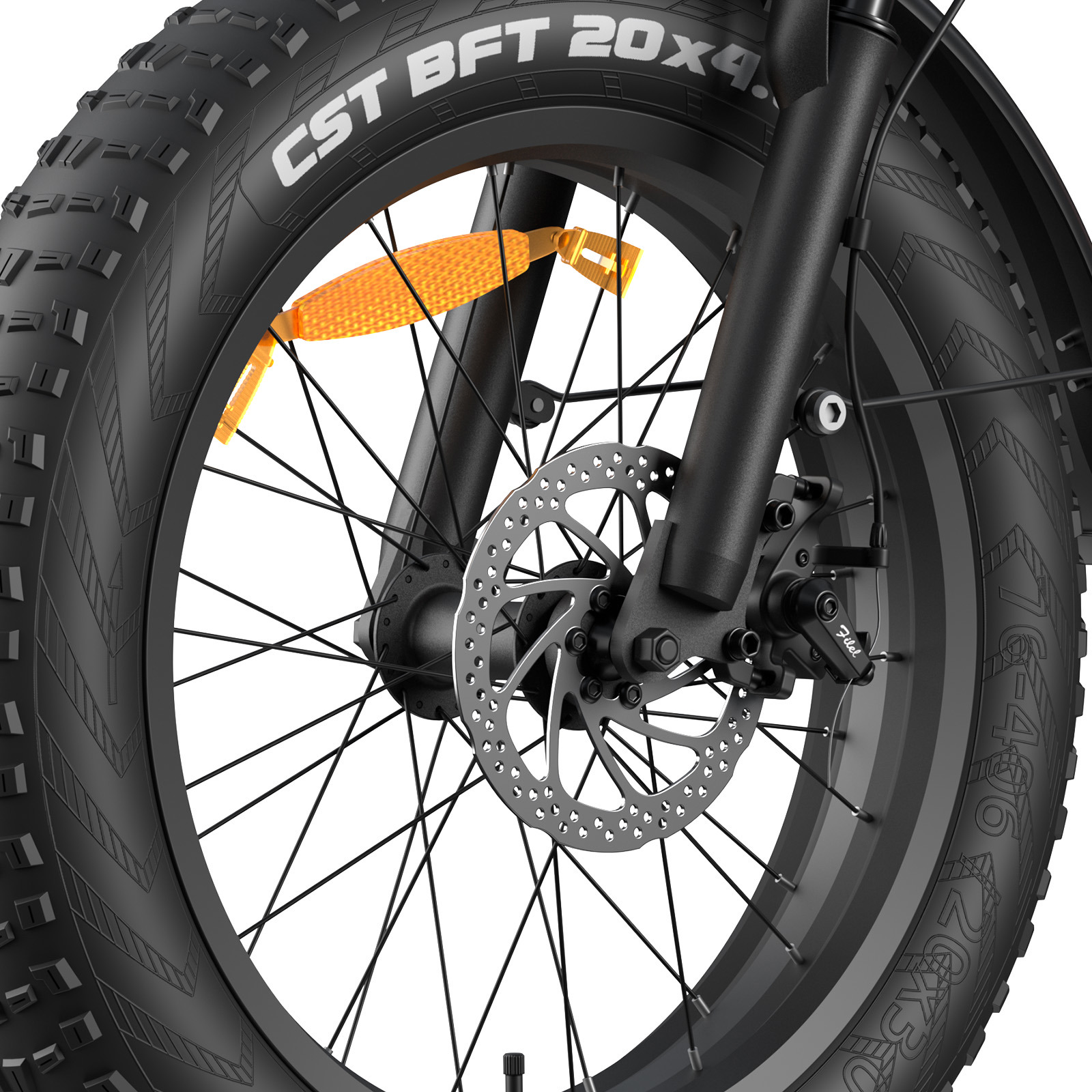 Primer plano de una rueda de bicicleta con reflector naranja y freno de disco.