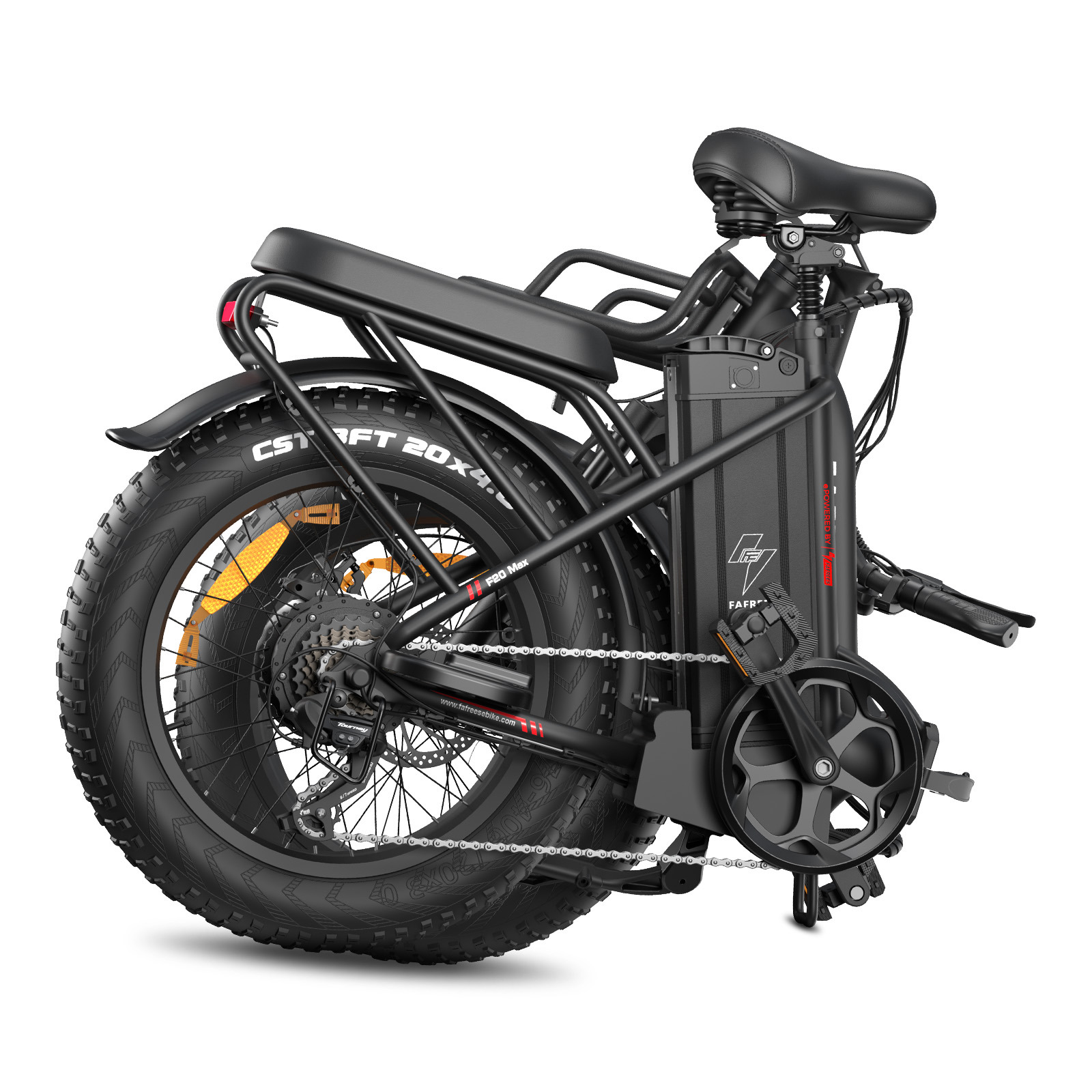 Una bicicleta eléctrica plegable negra con neumáticos anchos, portabultos trasero y batería.