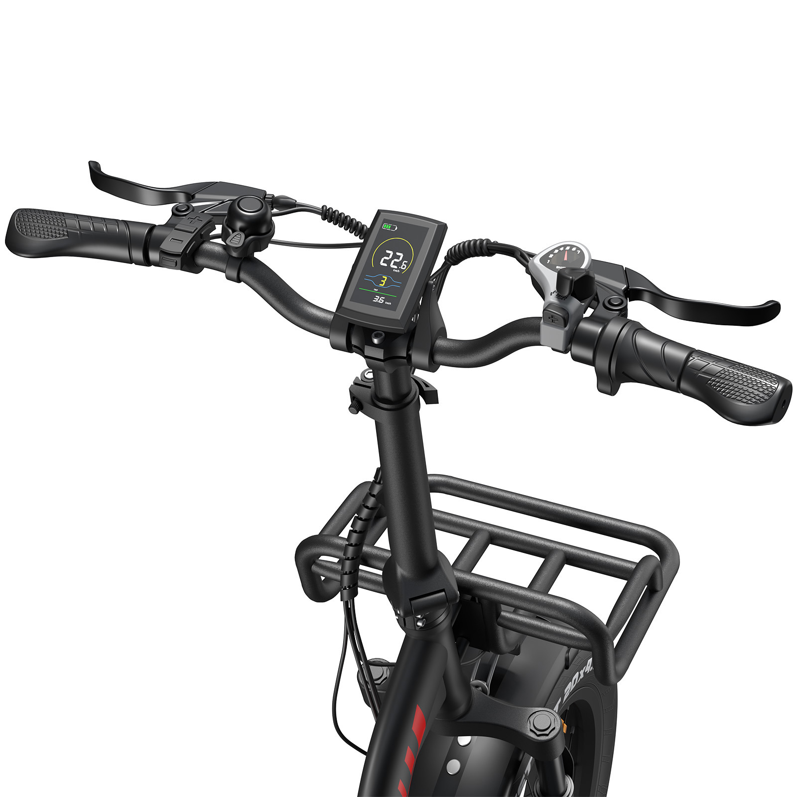 Manillar de bicicleta eléctrica con pantalla digital mostrando velocidad y batería.