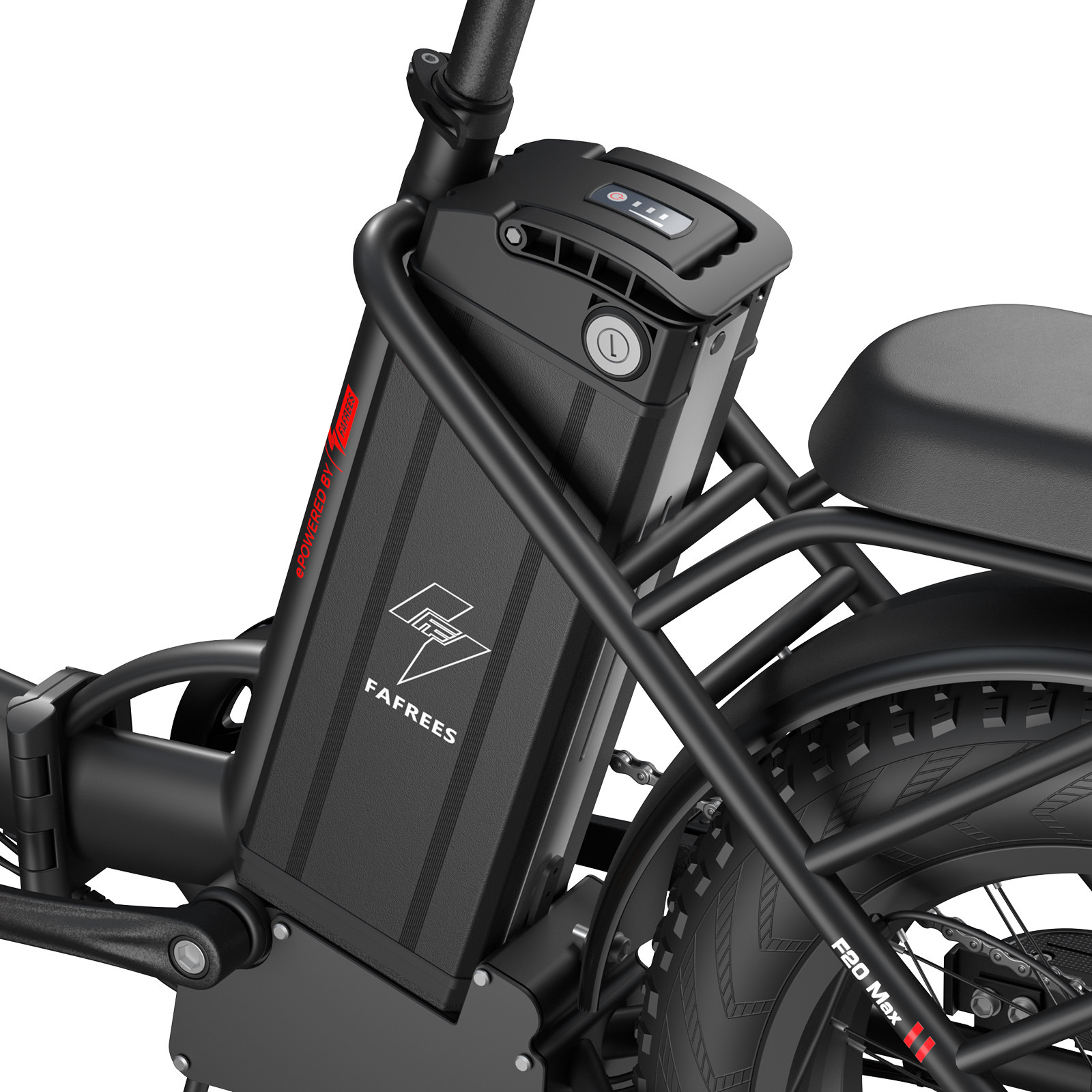 Marco de bicicleta eléctrica negra con batería, asiento y neumático. Texto: Fafrees.