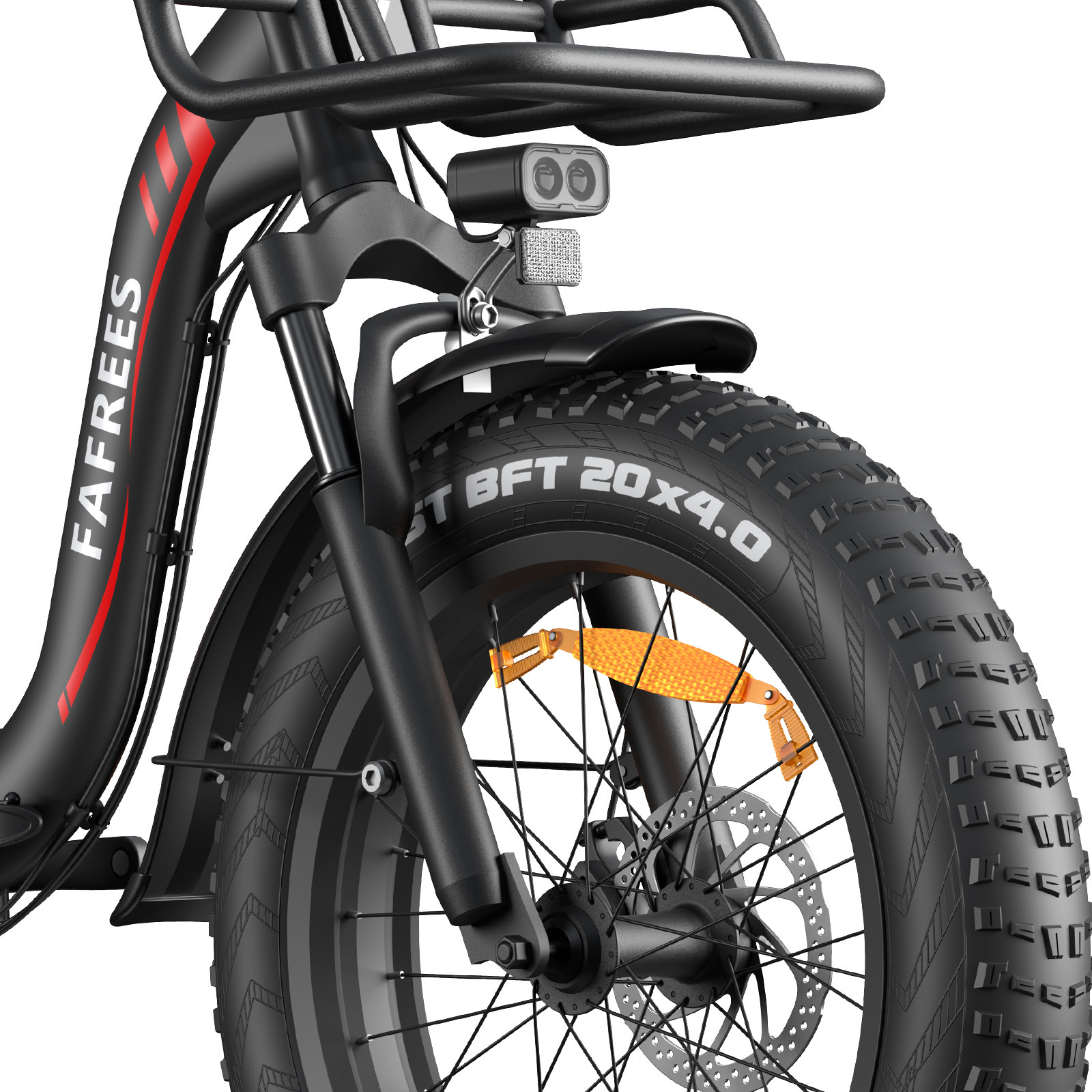 Vista frontal de una bicicleta eléctrica negra con neumáticos anchos y suspensión.