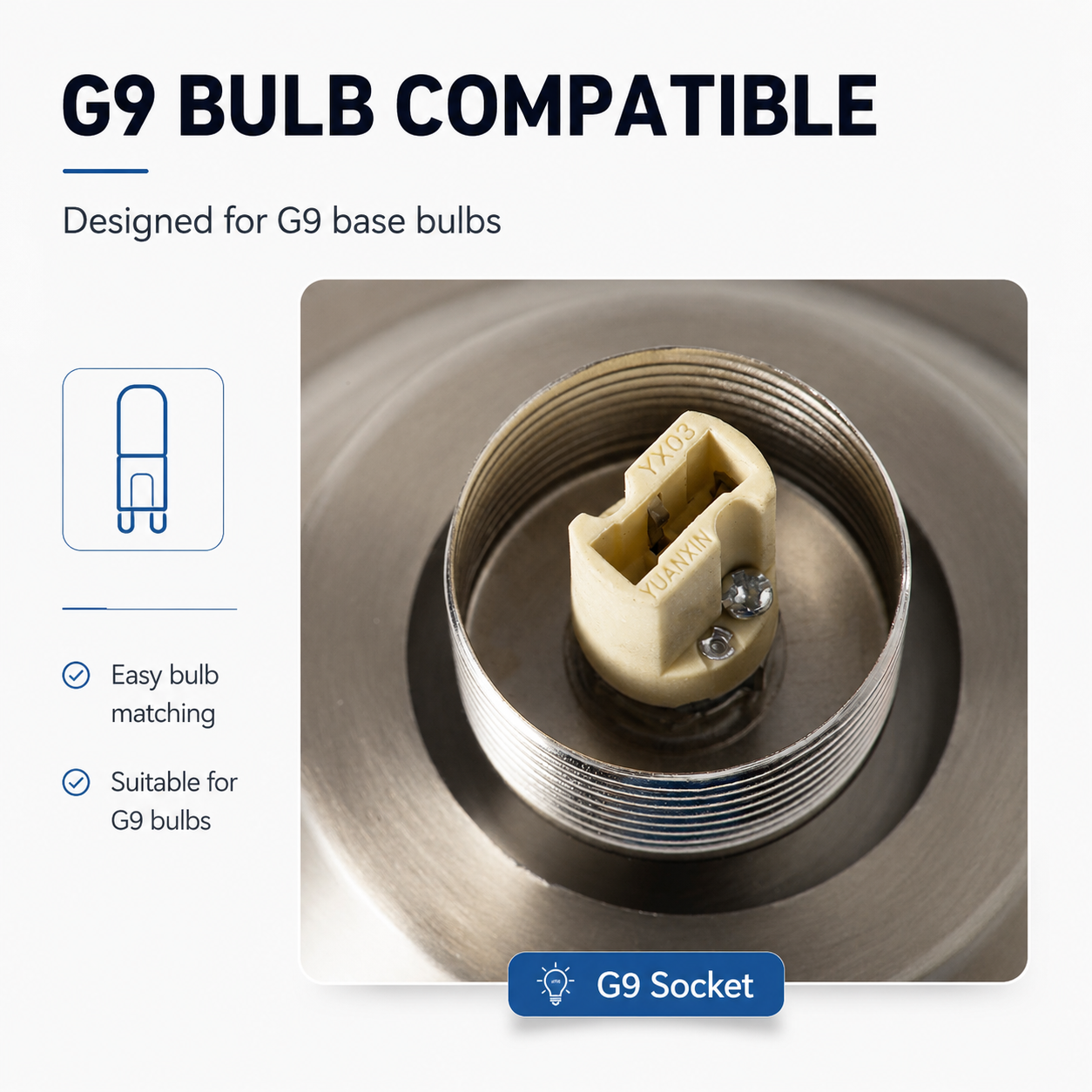 Primer plano de un portalámparas metálico G9 con un conector color crema.